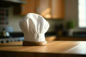 branco cozinhar chapéu dentro a cozinha mesa e cópia de espaço para seu decoração. publicidade fotografia conceito de ai gerado foto