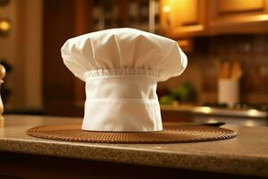 branco cozinhar chapéu dentro a cozinha mesa e cópia de espaço para seu decoração. publicidade fotografia conceito de ai gerado foto