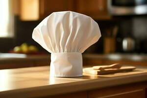 branco cozinhar chapéu dentro a cozinha mesa e cópia de espaço para seu decoração. publicidade fotografia conceito de ai gerado foto