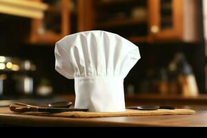 branco cozinhar chapéu dentro a cozinha mesa e cópia de espaço para seu decoração. publicidade fotografia conceito de ai gerado foto