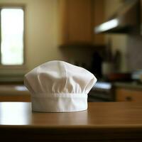 branco cozinhar chapéu dentro a cozinha mesa e cópia de espaço para seu decoração. publicidade fotografia conceito de ai gerado foto