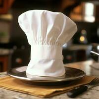 branco cozinhar chapéu dentro a cozinha mesa e cópia de espaço para seu decoração. publicidade fotografia conceito de ai gerado foto