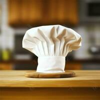 branco cozinhar chapéu dentro a cozinha mesa e cópia de espaço para seu decoração. publicidade fotografia conceito de ai gerado foto