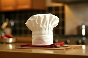 branco cozinhar chapéu dentro a cozinha mesa e cópia de espaço para seu decoração. publicidade fotografia conceito de ai gerado foto