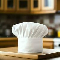 branco cozinhar chapéu dentro a cozinha mesa e cópia de espaço para seu decoração. publicidade fotografia conceito de ai gerado foto