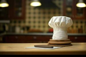 branco cozinhar chapéu dentro a cozinha mesa e cópia de espaço para seu decoração. publicidade fotografia conceito de ai gerado foto