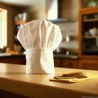 branco cozinhar chapéu dentro a cozinha mesa e cópia de espaço para seu decoração. publicidade fotografia conceito de ai gerado foto