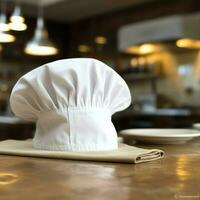 branco cozinhar chapéu dentro a cozinha mesa e cópia de espaço para seu decoração. publicidade fotografia conceito de ai gerado foto