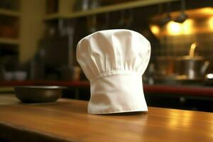 branco cozinhar chapéu dentro a cozinha mesa e cópia de espaço para seu decoração. publicidade fotografia conceito de ai gerado foto