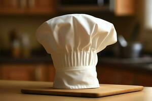 branco cozinhar chapéu dentro a cozinha mesa e cópia de espaço para seu decoração. publicidade fotografia conceito de ai gerado foto