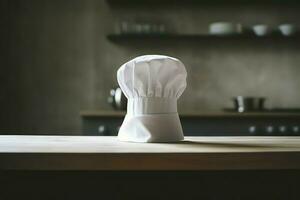 branco cozinhar chapéu dentro a cozinha mesa e cópia de espaço para seu decoração. publicidade fotografia conceito de ai gerado foto