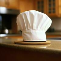 branco cozinhar chapéu dentro a cozinha mesa e cópia de espaço para seu decoração. publicidade fotografia conceito de ai gerado foto