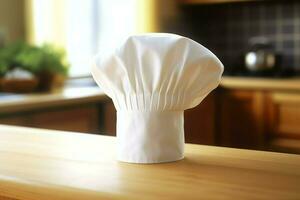 branco cozinhar chapéu dentro a cozinha mesa e cópia de espaço para seu decoração. publicidade fotografia conceito de ai gerado foto