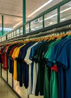 linha do elegante pólo Camisetas para homem em de madeira cabide ou prateleira dentro uma roupas boutique varejo fazer compras conceito de ai gerado foto