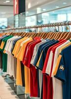 linha do elegante pólo Camisetas para homem em de madeira cabide ou prateleira dentro uma roupas boutique varejo fazer compras conceito de ai gerado foto