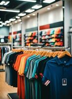 linha do elegante pólo Camisetas para homem em de madeira cabide ou prateleira dentro uma roupas boutique varejo fazer compras conceito de ai gerado foto