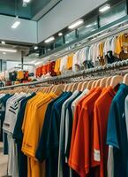 linha do elegante pólo Camisetas para homem em de madeira cabide ou prateleira dentro uma roupas boutique varejo fazer compras conceito de ai gerado foto