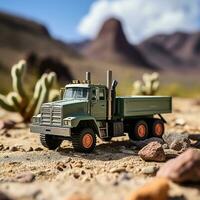 conceptual foto cenário do uma brinquedo caminhão dentro a seco deserto, generativo ai