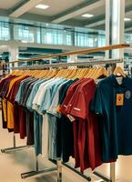 linha do elegante pólo Camisetas para homem em de madeira cabide ou prateleira dentro uma roupas boutique varejo fazer compras conceito de ai gerado foto