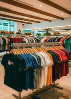 linha do elegante pólo Camisetas para homem em de madeira cabide ou prateleira dentro uma roupas boutique varejo fazer compras conceito de ai gerado foto