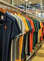 linha do elegante pólo Camisetas para homem em de madeira cabide ou prateleira dentro uma roupas boutique varejo fazer compras conceito de ai gerado foto