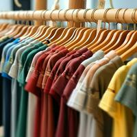 linha do elegante pólo Camisetas para homem em de madeira cabide ou prateleira dentro uma roupas boutique varejo fazer compras conceito de ai gerado foto