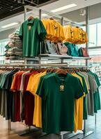 linha do elegante pólo Camisetas para homem em de madeira cabide ou prateleira dentro uma roupas boutique varejo fazer compras conceito de ai gerado foto