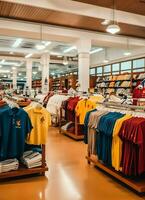 linha do elegante pólo Camisetas para homem em de madeira cabide ou prateleira dentro uma roupas boutique varejo fazer compras conceito de ai gerado foto