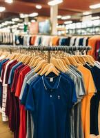 linha do elegante pólo Camisetas para homem em de madeira cabide ou prateleira dentro uma roupas boutique varejo fazer compras conceito de ai gerado foto