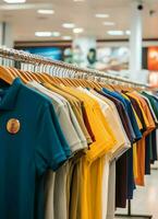 linha do elegante pólo Camisetas para homem em de madeira cabide ou prateleira dentro uma roupas boutique varejo fazer compras conceito de ai gerado foto