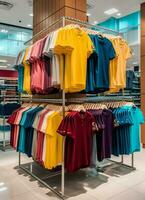 linha do elegante pólo Camisetas para homem em de madeira cabide ou prateleira dentro uma roupas boutique varejo fazer compras conceito de ai gerado foto