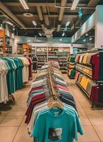 linha do elegante pólo Camisetas para homem em de madeira cabide ou prateleira dentro uma roupas boutique varejo fazer compras conceito de ai gerado foto