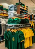 linha do elegante pólo Camisetas para homem em de madeira cabide ou prateleira dentro uma roupas boutique varejo fazer compras conceito de ai gerado foto