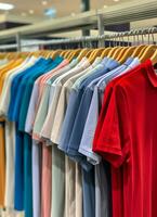 linha do elegante pólo Camisetas para homem em de madeira cabide ou prateleira dentro uma roupas boutique varejo fazer compras conceito de ai gerado foto