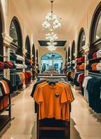 linha do elegante pólo Camisetas para homem em de madeira cabide ou prateleira dentro uma roupas boutique varejo fazer compras conceito de ai gerado foto