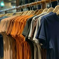 linha do elegante pólo Camisetas para homem em de madeira cabide ou prateleira dentro uma roupas boutique varejo fazer compras conceito de ai gerado foto