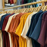 linha do elegante pólo Camisetas para homem em de madeira cabide ou prateleira dentro uma roupas boutique varejo fazer compras conceito de ai gerado foto