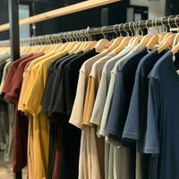 linha do elegante pólo Camisetas para homem em de madeira cabide ou prateleira dentro uma roupas boutique varejo fazer compras conceito de ai gerado foto