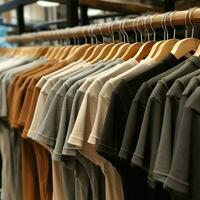 linha do elegante pólo Camisetas para homem em de madeira cabide ou prateleira dentro uma roupas boutique varejo fazer compras conceito de ai gerado foto