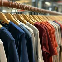 linha do elegante pólo Camisetas para homem em de madeira cabide ou prateleira dentro uma roupas boutique varejo fazer compras conceito de ai gerado foto