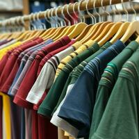 linha do elegante pólo Camisetas para homem em de madeira cabide ou prateleira dentro uma roupas boutique varejo fazer compras conceito de ai gerado foto