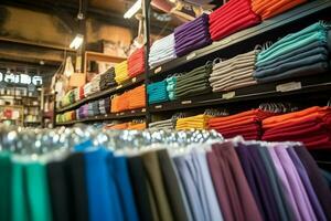 linha do elegante pólo Camisetas para homem em de madeira cabide ou prateleira dentro uma roupas boutique varejo fazer compras conceito de ai gerado foto