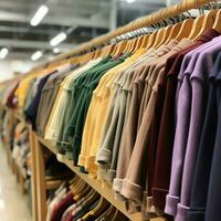 linha do elegante pólo Camisetas para homem em de madeira cabide ou prateleira dentro uma roupas boutique varejo fazer compras conceito de ai gerado foto