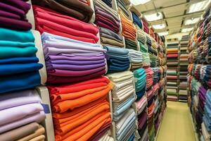 linha do elegante pólo Camisetas para homem em de madeira cabide ou prateleira dentro uma roupas boutique varejo fazer compras conceito de ai gerado foto