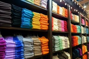 linha do elegante pólo Camisetas para homem em de madeira cabide ou prateleira dentro uma roupas boutique varejo fazer compras conceito de ai gerado foto