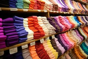 linha do elegante pólo Camisetas para homem em de madeira cabide ou prateleira dentro uma roupas boutique varejo fazer compras conceito de ai gerado foto