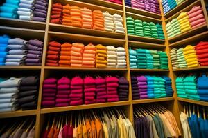 linha do elegante pólo Camisetas para homem em de madeira cabide ou prateleira dentro uma roupas boutique varejo fazer compras conceito de ai gerado foto