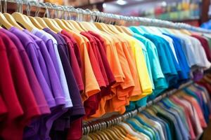 linha do elegante pólo Camisetas para homem em de madeira cabide ou prateleira dentro uma roupas boutique varejo fazer compras conceito de ai gerado foto