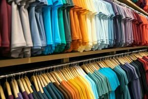 linha do elegante pólo Camisetas para homem em de madeira cabide ou prateleira dentro uma roupas boutique varejo fazer compras conceito de ai gerado foto