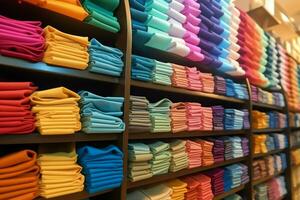 linha do elegante pólo Camisetas para homem em de madeira cabide ou prateleira dentro uma roupas boutique varejo fazer compras conceito de ai gerado foto